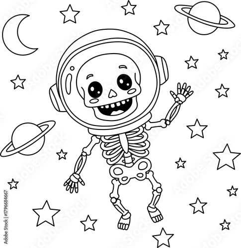 Skeleton astronaut flying in space coloring page. Cute cartoon character