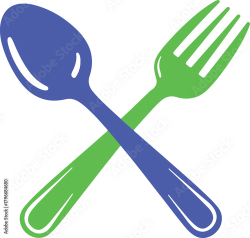Blue spoon and green fork crossed vector illustration representing dining and culinary experiences