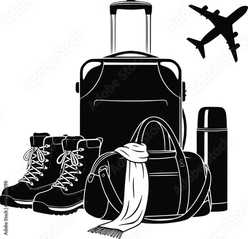 Travel essentials with luggage airplane and winter wear for the adventurous soul ready to explore