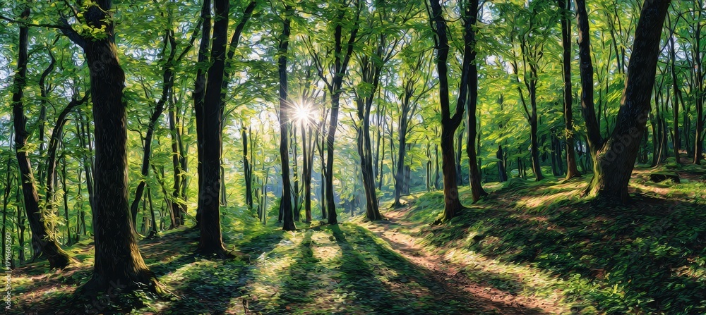 Obraz premium Sunlit forest path with tall trees and dappled shadows, serene nature scene