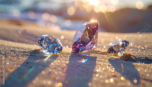 Fototapeta Naklejka Na Ścianę i Meble -  Brilliant gems sparkling in sandy dunes with sun's golden light