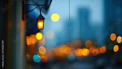 Fototapeta Naklejka Na Ścianę i Meble -  A small, dark lantern hangs in the evening, lit warmly against a blurred cityscape backdrop