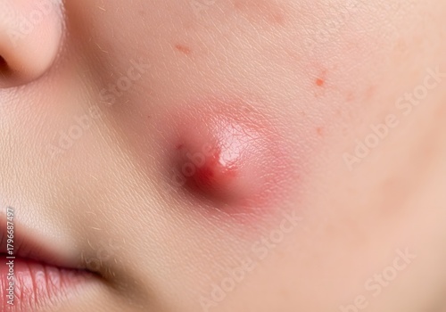 Close-up of a cheek with a single, large, painful cystic acne nodule under the skin. The area is red, swollen, and inflamed with no head. Severe acne.