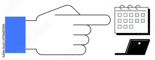 Hand pointing at a calendar with highlighted dates next to a laptop. Ideal for planning, organization, scheduling, reminders, productivity, workplace tasks, time management. Simple flat metaphor