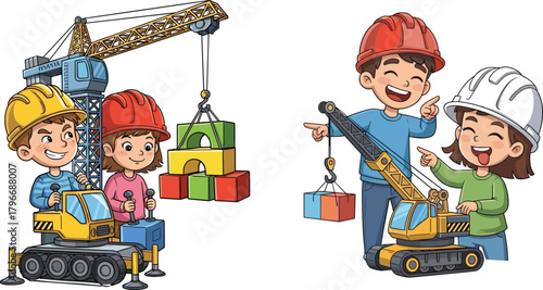 Children, construction, play, teamwork, crane, toys, helmets, lifting blocks, engineering, learning, fun, colorful, building, shapes, creativity, interaction, control panel,