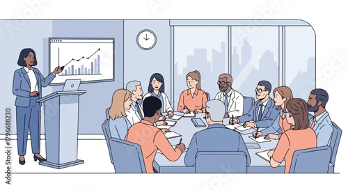 Diverse business team engaged in a presentation with a woman standing at a podium in a modern office setting with a city view.