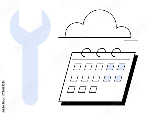 Wrench, cloud, and calendar icons represent online tools for task scheduling and system maintenance. Ideal for cloud computing, productivity, planning, repair, technology, IT and time management