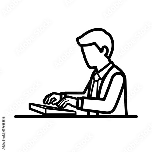 Black and white line art icon of a person typing at a desk.
