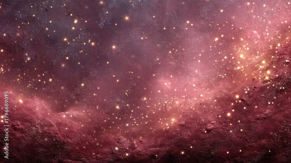 Obraz premium A cosmic scene featuring a blend of pink hues, stars, and a textured background, evoking the beauty and mystery of outer space, golden Christmas background