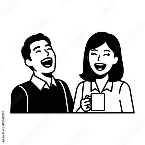 Happy couple laughing together, enjoying a joyful moment.