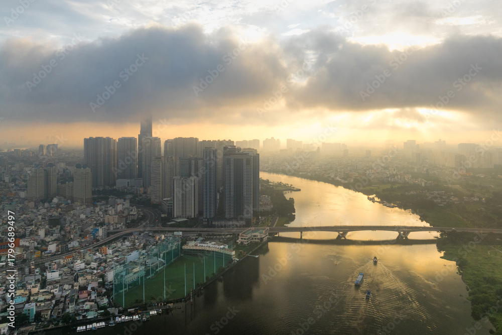 Naklejka premium June 14, 2025: panoramic view of Landmark residential area, where there is an 81-storey building, in Binh Thanh district, Ho Chi Minh City