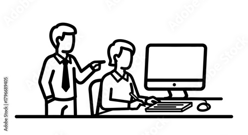Line art illustration of a manager supervising an employee at a computer.