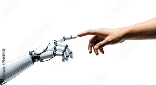 A human hand extends to touch a robotic hand, symbolizing partnership between humans and artificial intelligence in technology.