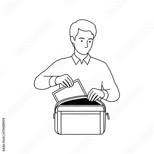 Man carefully placing a document into a bag with focused attention.