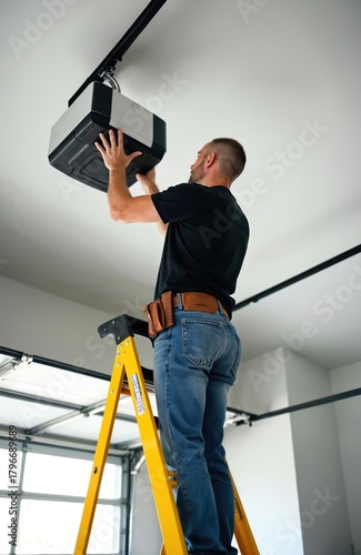 Man on ladder installs automatic garage door opener motor unit on ceiling track. He wears blue jeans and tool belt, working in house garage. Installation of mechanical part for smooth entry.