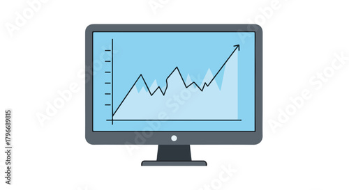 Flat design illustration of a computer monitor displaying a line graph on a light blue screen with a black frame and stand against a clean white background.