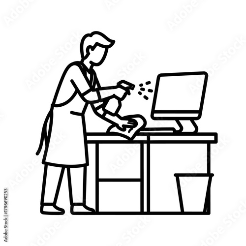 Person cleaning a computer desk with spray and cloth.