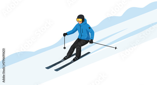 Illustration of a skier in a blue jacket and black pants skiing down a snowy slope with a minimalist design and a clean white background.