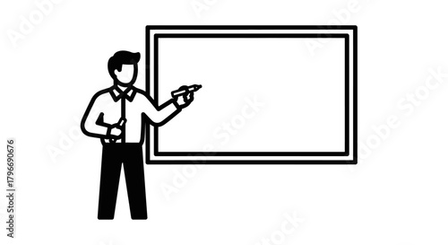 Professional man giving a presentation on a blank whiteboard icon.