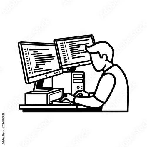 Software developer coding on a dual monitor computer workstation.
