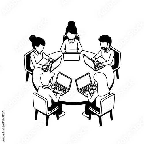 Team Collaboration Around a Round Table with Laptops.