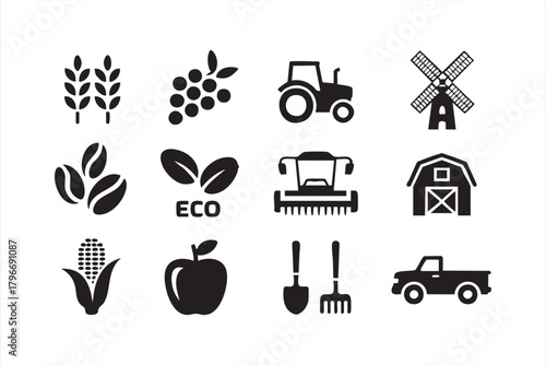 Natural produce and farming icons for organic markets and eco-friendly campaigns