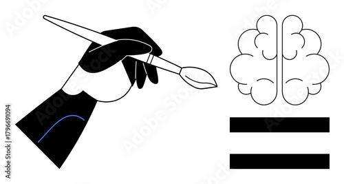 Hand holding a paintbrush beside a brain and equality sign, symbolizing connection of creativity and intellect. Ideal for art, innovation, education, problem-solving, mental health, communication