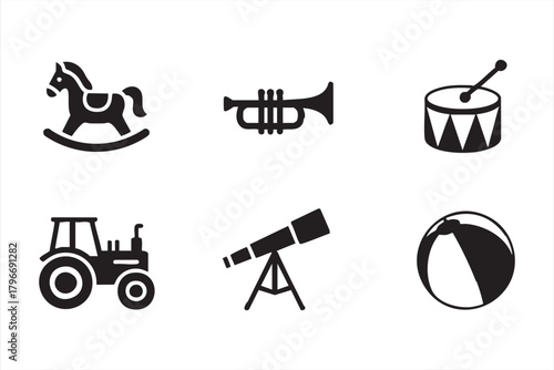 Musical and classic toy icons for children’s product packaging and playful design