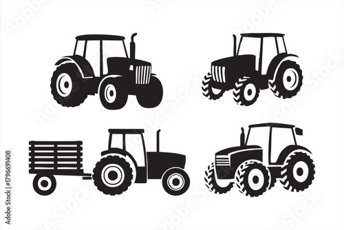 Rural machinery icon collection ideal for agricultural branding and machinery catalogs