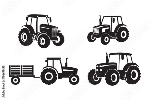 Tractor silhouette set for farm graphics, agricultural signage, and field equipment design