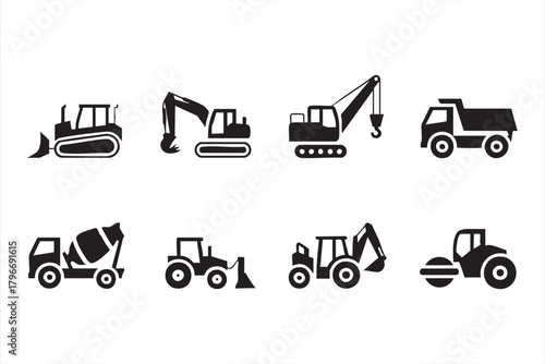 Worksite machinery icons ideal for engineering graphics and construction branding