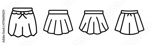 Collection of four flared mini skirt designs outline fashion apparel