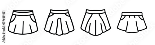 Four diverse mini skirt styles simple line drawing fashion graphics collection