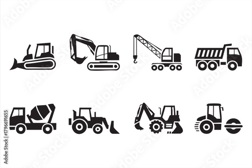 Excavator and bulldozer silhouettes for industrial manuals, signage, and diagrams