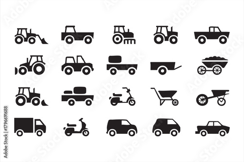 Transport and utility vehicle icon set with tractors, trucks, scooters, and wheelbarrows