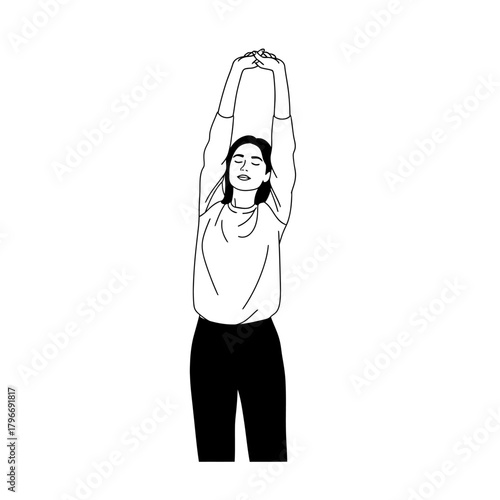 Young woman stretching arms above head with eyes closed, feeling relaxed.