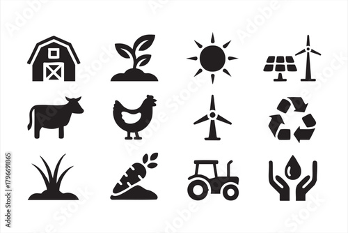 Renewable energy and agriculture icon set with wind turbines, solar panels, and farm elements