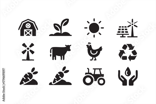 Sustainable agriculture symbols including plants, tractor, barn, and renewable power