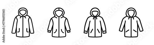 Collection of four hooded parka jackets with zipper and pocket details side by side
