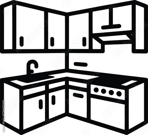Black and white line art illustration of a corner kitchen setup cabinetry sink