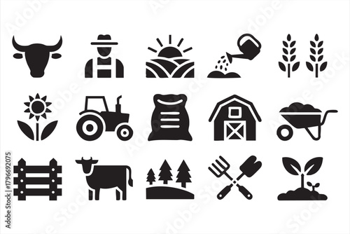 Farming and agriculture icon set with livestock, tools, crops, and tractor