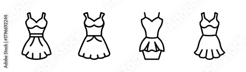 Collection of stylized peplum dresses line art fashion sketches for women apparel design