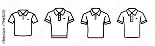 Four distinct styles of short-sleeved polo shirts rendered as simple line art outlines