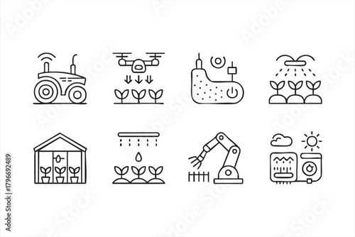 Precision farming and smart agriculture automation line icon collection