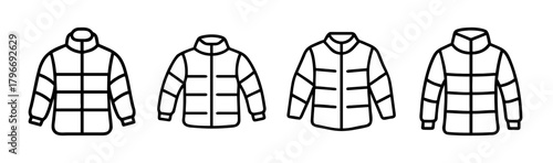 Set of four quilted puffer jacket line art icons for fashion design and apparel collections