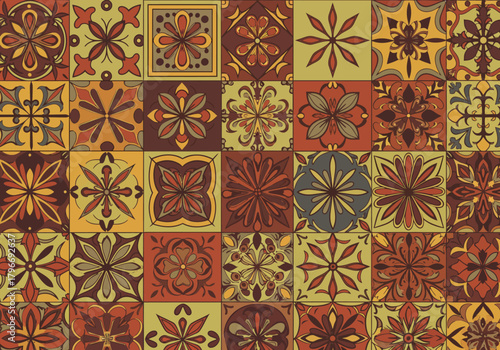 Decorative Floral Tile Pattern in Earthy Tones, Seamless Design