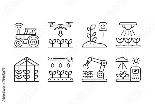 High-tech agriculture automation vector icons for precision crop systems
