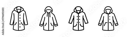 Collection of four hand drawn raincoat styles for protection from the weather