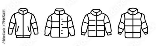 Collection of four quilted jacket line art styles for winter fashion design and apparel graphics