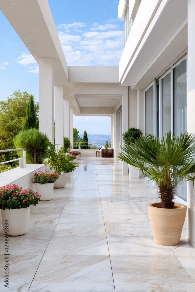 Naklejka premium Modern luxury terrace with marble floor and panoramic view